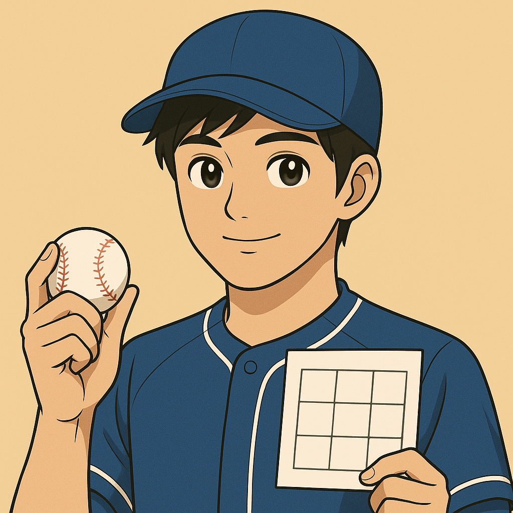 青いユニフォーム姿でマンダラチャートと野球ボールを持つ大谷翔平イメージ