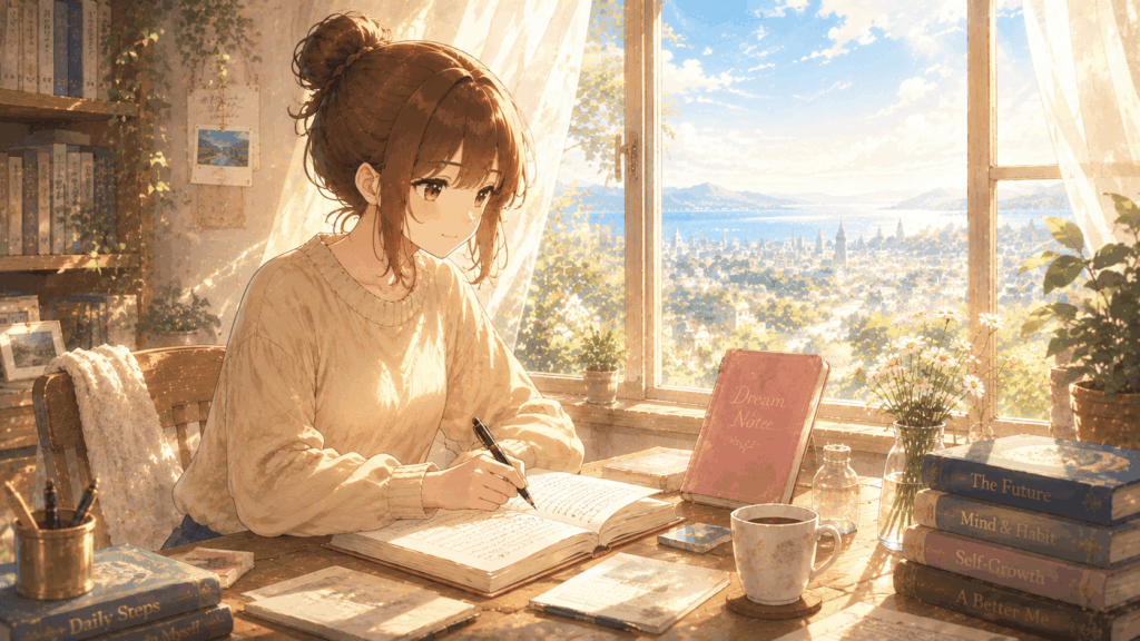 窓辺で夢ノートを書くSeaCretのナビゲーター・うみ