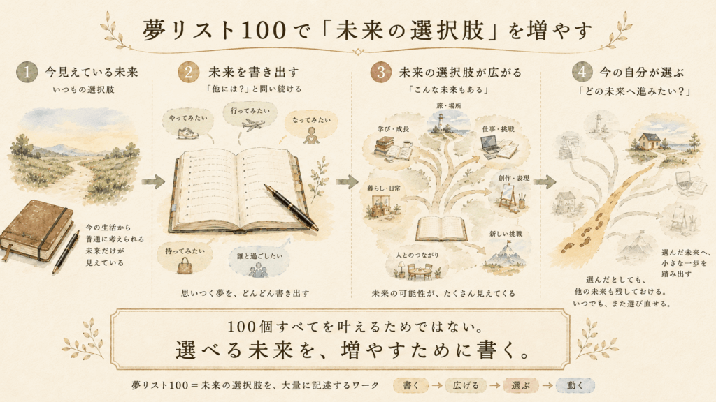 夢リスト100で未来を書き出し選択肢を増やして自分で未来を選ぶ流れを示した図解