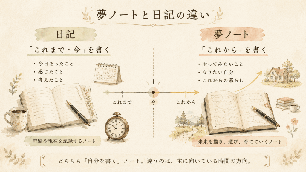 日記と夢ノートの違いをこれまで・今・これからの時間軸で比較した図解