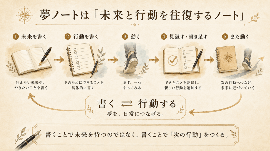 未来を書く・行動を書く・動く・見返すを繰り返す夢ノートの書き方