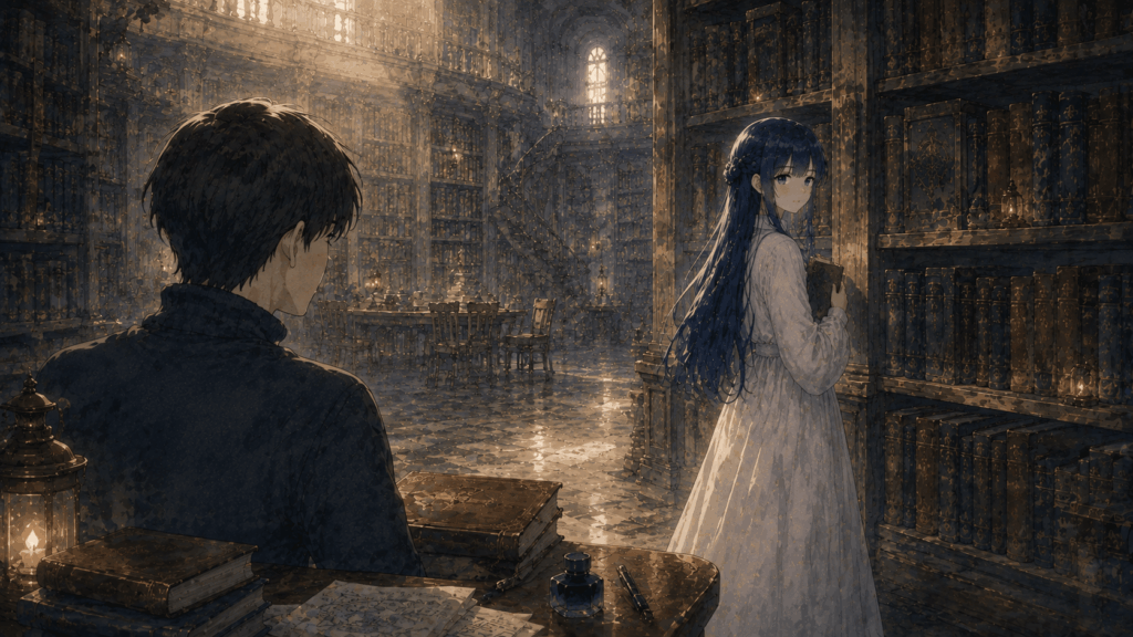 巨大な書架が続く禁書図書館で、本を抱えたセフィラが、しいの問いを聞いて静かに振り向く場面