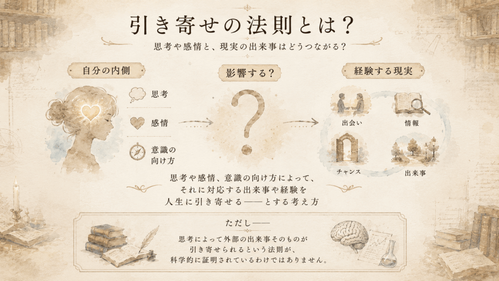 引き寄せの法則とは何かを、思考・感情・意識の向け方と現実の出来事との関係から整理した図解