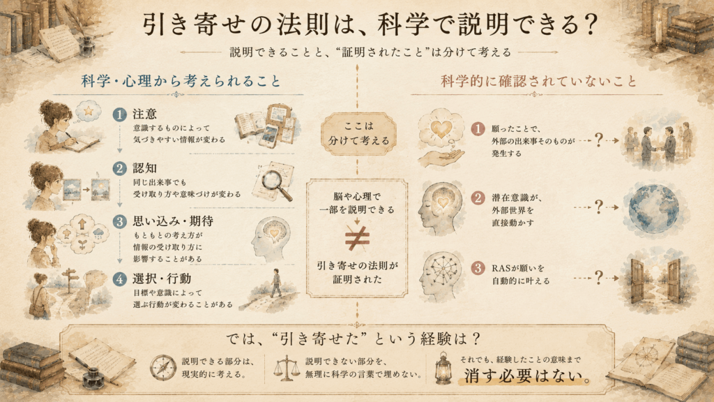 引き寄せの法則について、注意・認知・行動など科学や心理学から考えられることと、科学的に確認されていないことを分けた図解