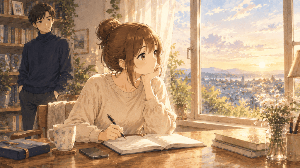 夢ノートを開き日常から立ち止まって未来を考えるうみとしい