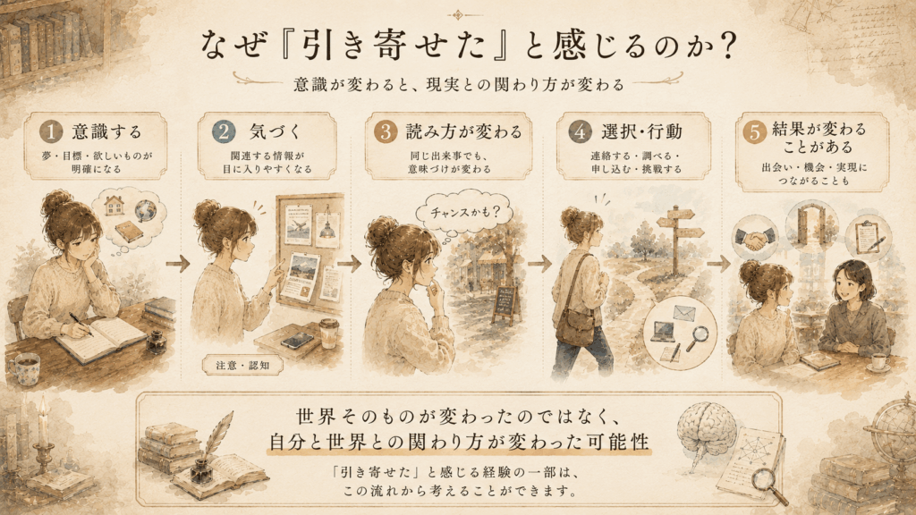 意識することで情報への気づきや意味づけ、選択や行動が変わり、「引き寄せた」と感じるまでの流れを示した図解