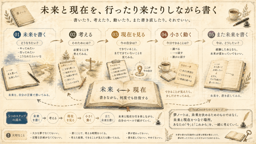 夢ノートで未来を書く・考える・現在を見る・小さく動く・また未来を書くという往復を示した図解