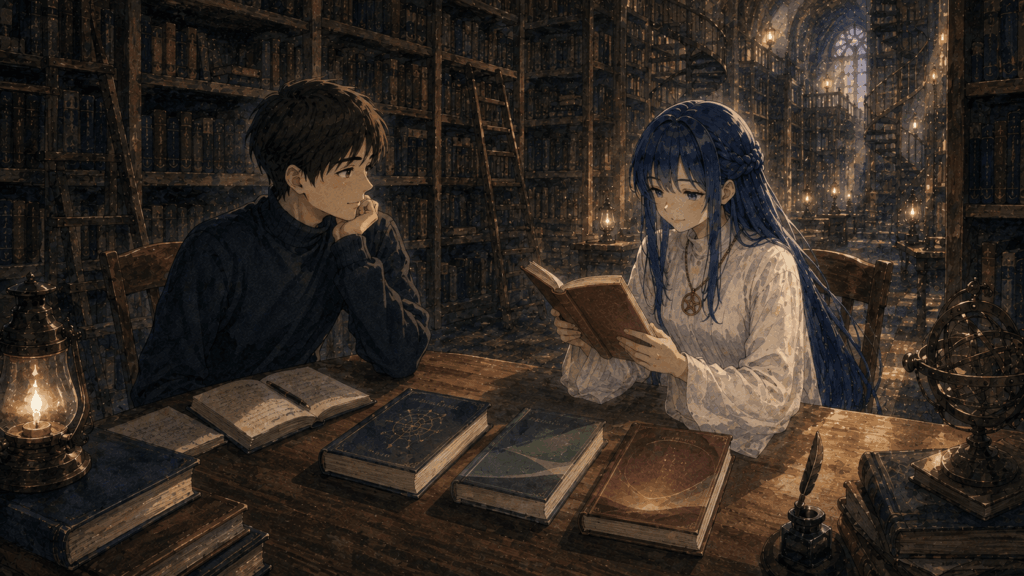 禁書図書館の木製テーブルでRASについて異なる説明をする本を読み比べる、しいとセフィラの物語挿絵