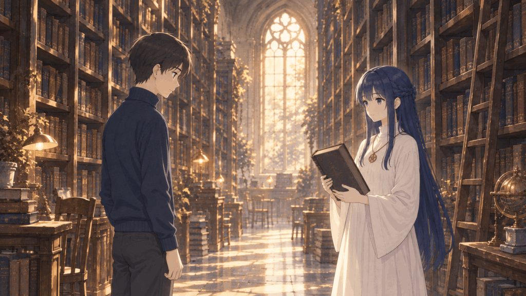 古い書架が続く禁書図書館で、一冊の本を持つセフィラと向き合うしい