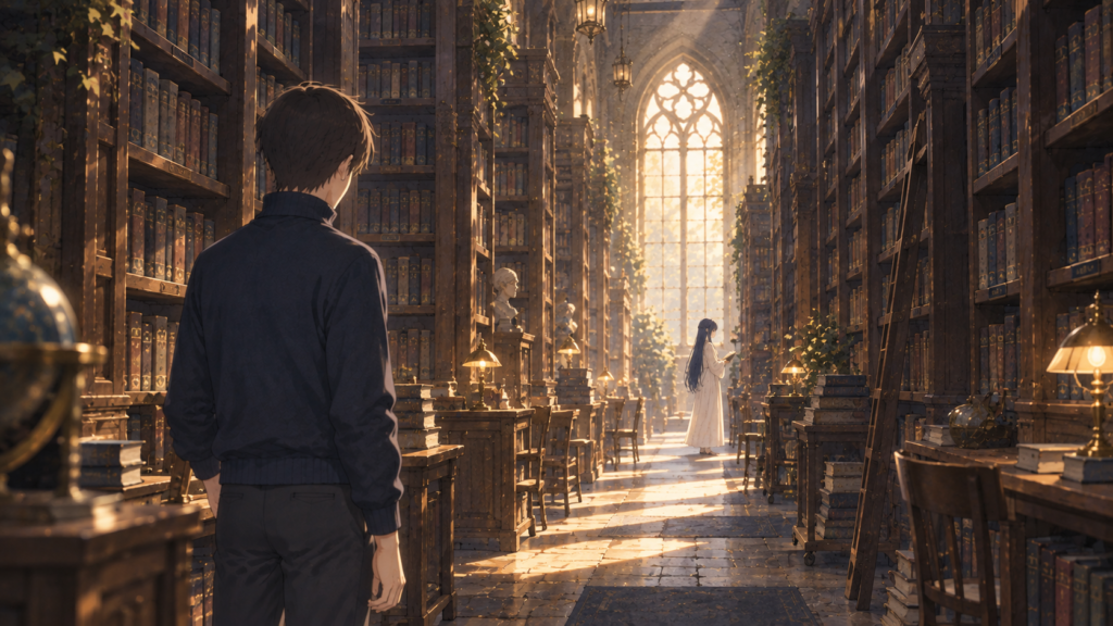 古い書架が続く禁書図書館で、しいが通路の奥にいるセフィラを見つめる場面