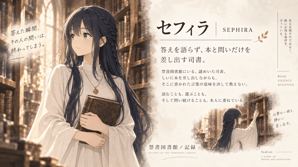 禁書図書館で一冊の古書を手にする『禁書図書館ノ記録』のセフィラのキャラクタープロフィール