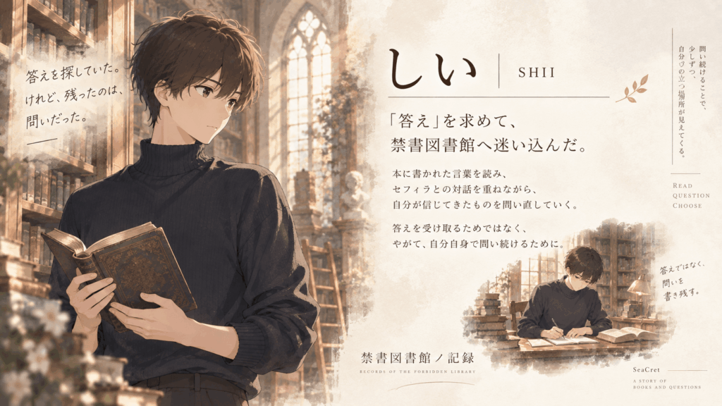 禁書図書館で古書を手に思索する『禁書図書館ノ記録』のしいのキャラクタープロフィール