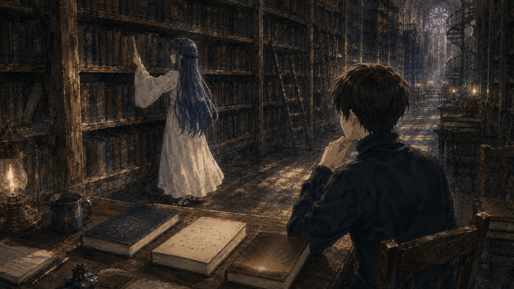 巨大な禁書図書館の書架から迷わず一冊の本を取り出すセフィラを、しいが静かに見つめる物語挿絵