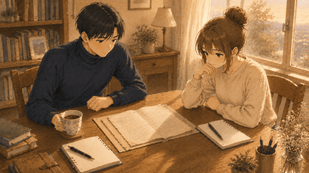 イチローの小学生時代の作文についての資料を、しいとうみが一緒に読み返している場面