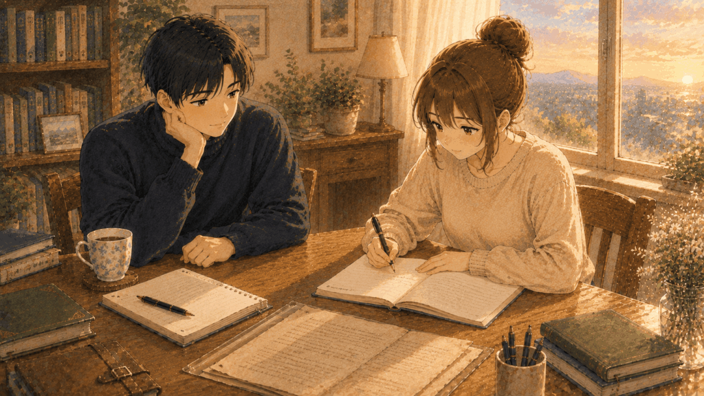 SeaCret「夢ノ記述術|事例」の記事「イチローは夢ノートを書いていた?小学生時代の作文から学ぶ『未来を書く』5つのヒント」の物語挿絵。小学生時代のイチローが未来について書いた作文を題材に、しいとうみが資料を読みながら「未来を書く」という行為について考えている場面を描いている。