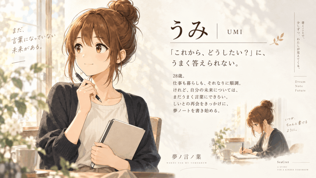 『夢ノ言ノ葉』の登場人物・うみ。夢ノートを書き始め、自分の未来を少しずつ言葉にしていく28歳の女性