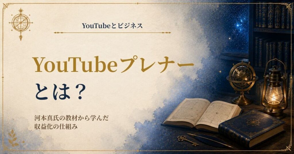 河本真のYouTubeプレナー育成プログラムの教材内容と収益化の仕組みを紹介する画像